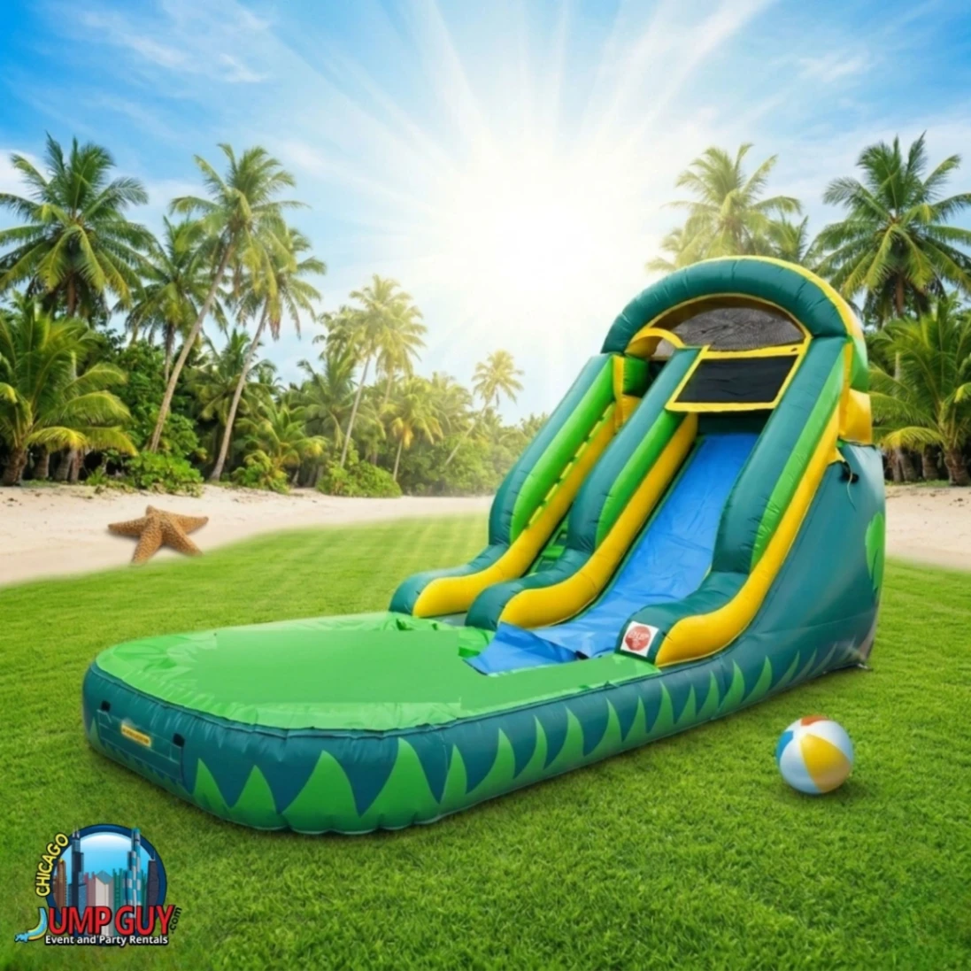 13ft palm tree water slide rental for Long Grove IL events in ZIP code 60047